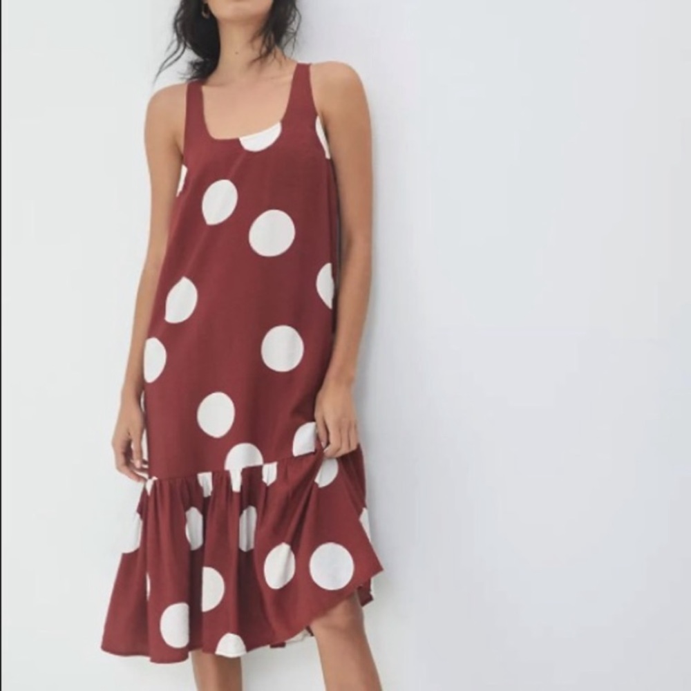 ANTHROPOLOGIE Michaela Flounced Polka Dot Terra Cotta Midi Dress Summer M - Picture 2 of 9